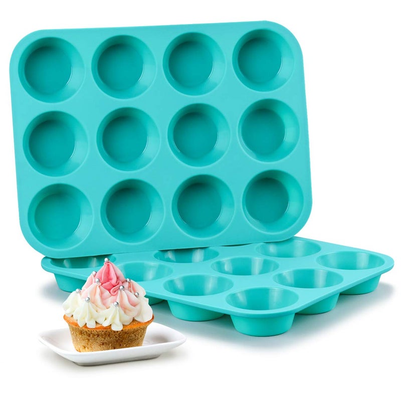 CAKETIME Silicone Muffin Pan Set, Cupcake Pans 12 Cups Silicone Baking Molds, Food Grade, Pinch Test Approved, Pack of 2 - Image 1